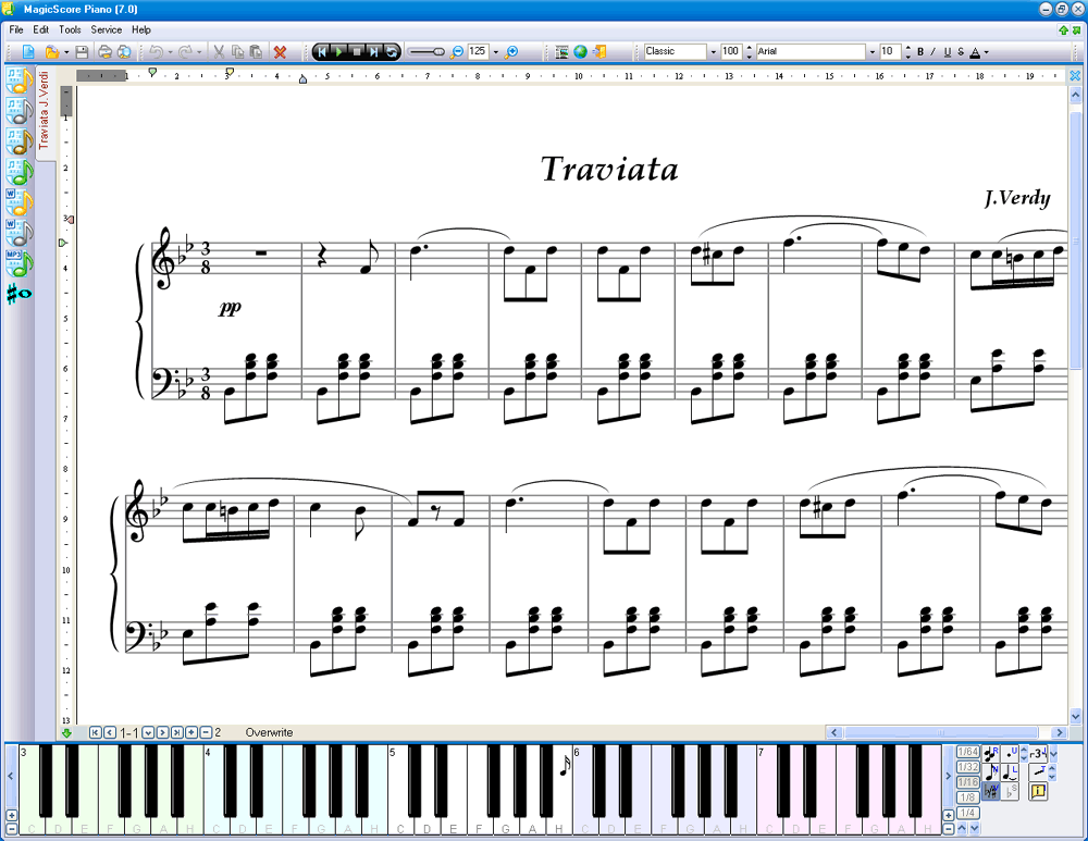 virtual piano with notes